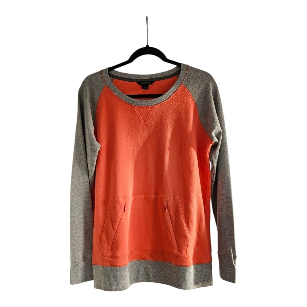 Lands' End Womens 14/16 Sweatshirt Orange Grey Colorblock Kangaroo Pockets